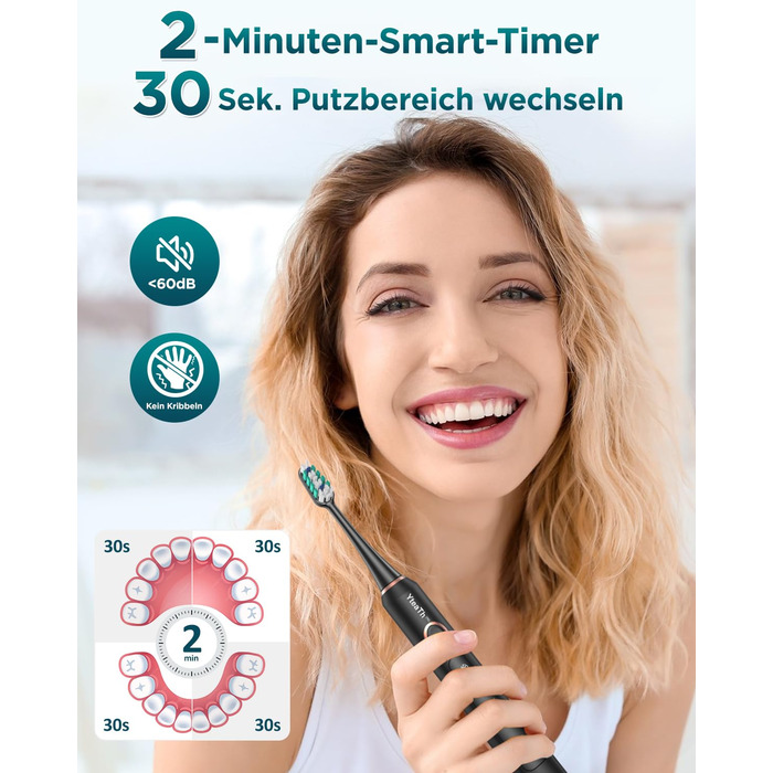 Електрична зубна щітка для дорослих і дітей звукова щітка з 8 насадками (3 типи), 90 днів роботи від акумулятора, 5 режимів, 50000 обертів на хвилину, дорожній футляр, таймер, чорний колір