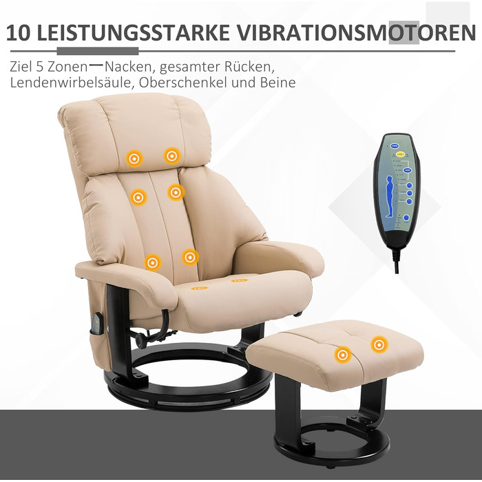 Крісло-реклайнер HOMCOM з підніжкою, обертове крісло для телевізора з функцією масажу, функція відкидання, масажне крісло з пультом дистанційного керування, бічна кишеня, крісло-реклайнер зі штучної шкіри для вітальні, кремово-білий, Д76 x Ш80 x В102 см