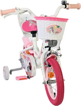 Дитячий велосипед Volare білий з сидінням-єдинорогом та рожевими ручками Ножне та ручне гальмо З додатковими колесами Комфорт та безпека Вік 35 років Легкий у збиранні Ідея для подарунка