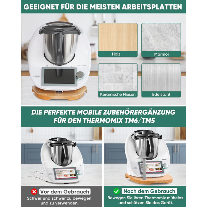 Дерев'яна розсувна дошка для Thermomix TM6 TM5, для розсувної дошки Thermomix з додатковим місцем для ложок, високоякісні тефлонові глайди, переміщення без зусиль, бук