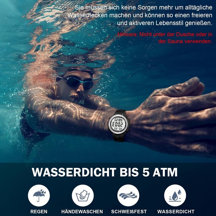 Водонепроникний годинник-крокомір для людей похилого віку без Bluetooth, не потрібен додаток, з крокоміром, лічильником калорій та великими РК-цифрами, чорний