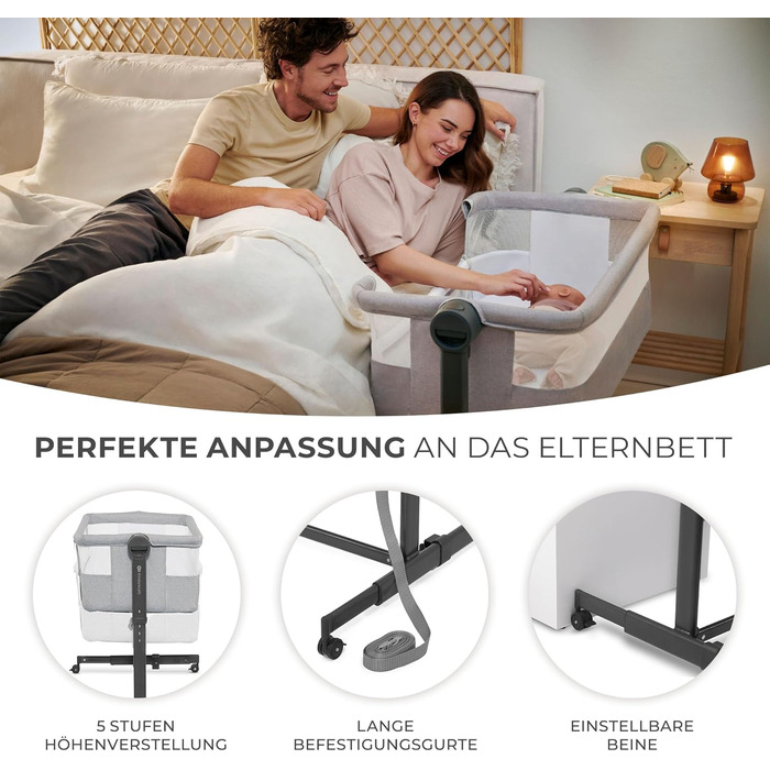 В-1 приліжкове ліжечко, дорожнє ліжечко з матрацом та простирадлом, 5-рівневе регулювання висоти матраца, 4 колеса з гальмами, м&39який матеріал, легка конструкція, сірий Neste Grey, 2 2-
