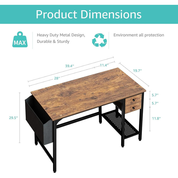 Невеликий письмовий стіл Lufeiya з 2 шухлядами, комп&39ютерний стіл, офісний стіл з полицею та сумкою для зберігання, невеликий письмовий стіл для офісу, кабінет, вінтажний коричневий, коричневий колір 39,4 дюйма