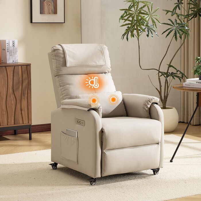Крісло Bonnlo Recliner, крісло для телевізора, електричне масажне крісло з функцією відкидання, крісло для телевізора, 2-точковий масаж та функція підігріву, порти USB-C та USB-A, 1 бічна кишеня, шкіра, стійка до подряпин, бежевий колір
