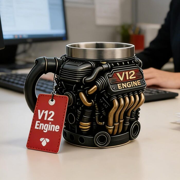 Кавова кружка, 300 мл, V12, нержавіюча сталь, двостінна, реалістичний дизайн, кавова кружка з мотивом двигуна для зими, балкону, двору, використання на вулиці, саду, пікніка, кемпінгу, вечірки, віскі