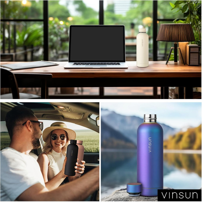 Пляшка для води Vinsun з нержавіючої сталі, бежева, 500 мл - герметична, підходить для газованих напоїв, без BPA - з подвійною стінкою, ізольована - термопляшка для спорту, активного відпочинку, школи, університету, спортзалу, кемпінгу, 500 мл бежевого ко