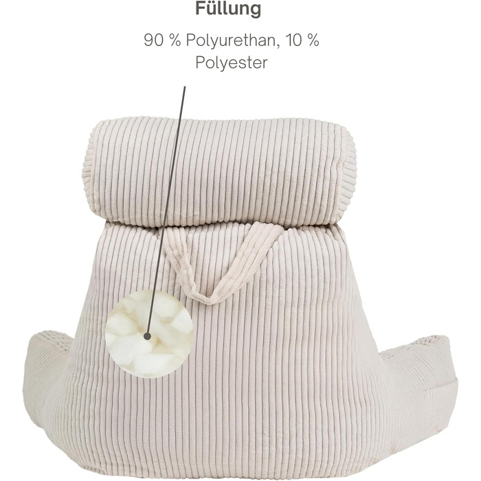 Вельветова подушка для читання для ліжка та дивана Знімний чохол, який можна прати в пральній машині Мяка та зручна, з підтримкою спинки з підлокітниками та ергономічним сидінням (кремово-білий) Знімна подушка кремово-білого кольору вельветовий оксамит Зн