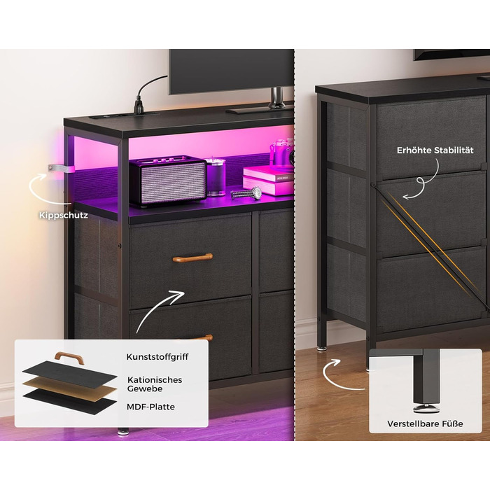 Комод Coleshome зі світлодіодною стрічкою, що змінює колір, та 2 розетками USB і 2 розетками змінного струму, комод із 7 тканинними шухлядами, підходить для спальні, вітальні, 132 * 30 * 89 см, чорний