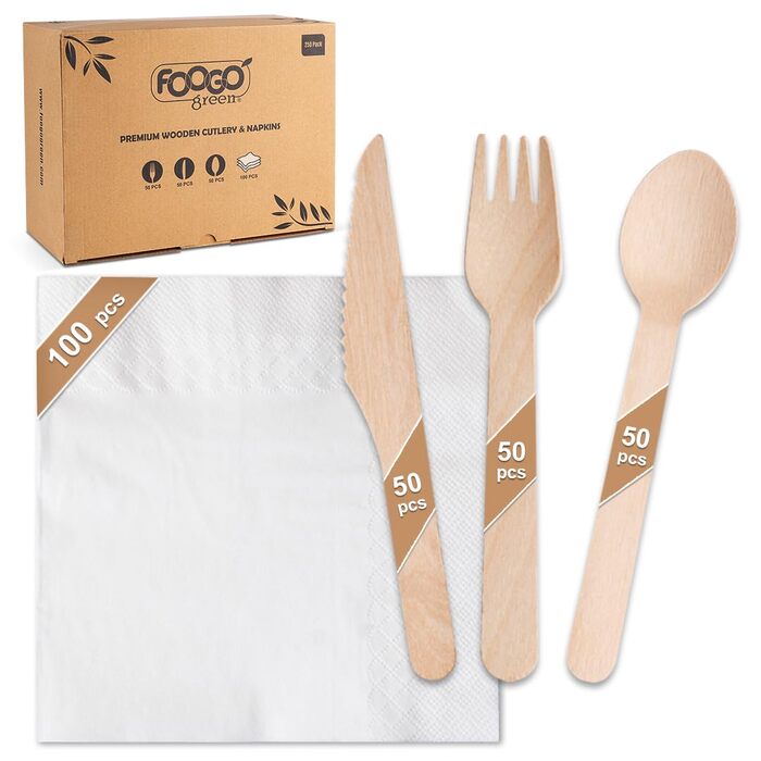 Набір одноразових дерев&39яних столових приборів FOOGO Green з 250 предметів та білих серветок, 50 виделок, 50 ножів, 50 ложок, 100 коричневих серветок, двошарові міцні паперові серветки, екологічно чистий набір столових приборів