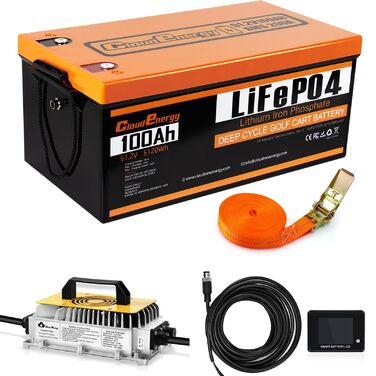 Літій-іонний акумулятор LiFePO4 48 В (51,2 В) ємністю 100 Аг з вбудованою системою управління будинком (BMS) 200 А, мобільним додатком, зарядним пристроєм, сенсорним монітором та ремінцем для перенесення, 6000 циклів розрядки/зарядки, ідеально підходить д