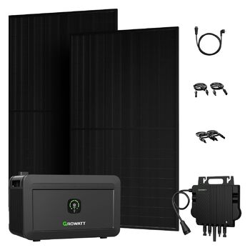 Балконна електростанція потужністю 1000 Вт з накопичувачем 2048 Втгод, Growatt NOAH 2000 з NEO 800 Вт, 2 повністю чорні двосторонні сонячні модулі по 500 Вт, повний комплект аксесуарів, plug & play (0 ПДВ) без монтажного кронштейна