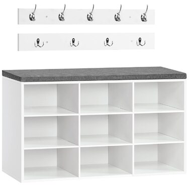 Комплект полиць для взуття HOOBRO, лава для взуття з 9 гачками, полиця для взуття з м&39якою лавкою, настінна вішалка для пальто з 9 гачками, шафа для взуття для коридору, вхідної зони, спальні, білий EWT89HX01 білий сірий 80 см x 30 см x 48 см (Д x Ш x В