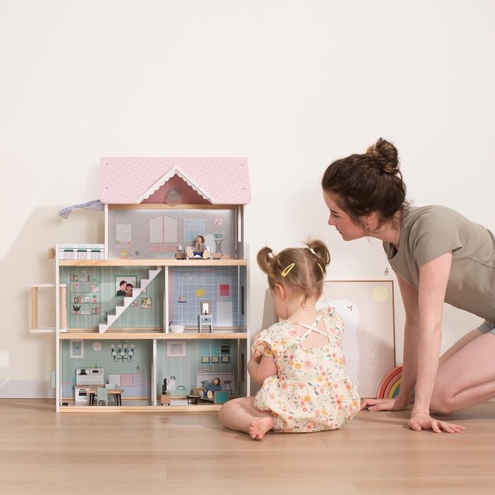 Дерев&39яний ляльковий будиночок "Гігантська квасоля", висотою 80 см, з ліфтом, дверним дзвінком, освітленням, 15 предметами меблів та 3 ляльками, іграшка-подарунок для дівчаток віком від 3 років
