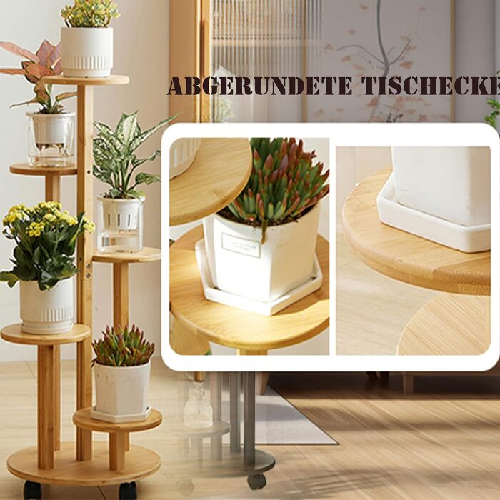 Бамбукова підставка для квітів на колесах, 5-ярусна підставка/стійка для квітів на балкон, шасі Ø31,5 см * верхня полиця Ø19 см * висота 88 см, полиця для рослин для використання на вулиці, легко переміщується (колір дерева), 5-ярусна підставка для рослин