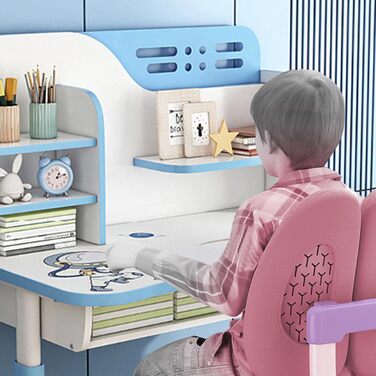 Комплект із 2 дитячих стільців преміум-класу для роботи, регульований по висоті, з візерунком космонавт, ергономічний стілець з великою дошкою для письма, книжковою полицею та шухлядою (синій)