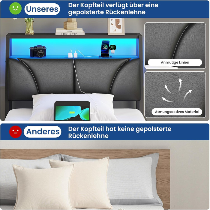 Ліжко 90x200 см з металевою рейковою основою, каркас ліжка 90x200 см зі світлодіодним підсвічуванням, дитяче ліжко 90x200 см з узголів&39ям та зарядною станцією (2 розетки змінного струму, 2 порти USB), металеве односпальне ліжко, чорне, 90x200 см