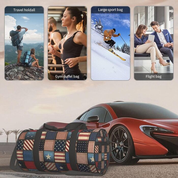 Спортивна сумка для подорожей, патчворк у стилі американського прапора, чорна, універсальний розмір