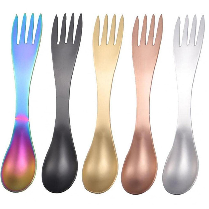 Набір із 5 виделок та ложок 2-в-1, портативний кухонний посуд із нержавіючої сталі для кемпінгу, подорожей, пікніків, офісу та використання на свіжому повітрі