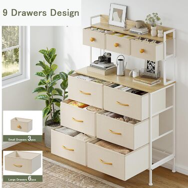 Комод з 9 шухлядами, комод для спальні, металевий каркас, дерев&39яна стільниця, тканинні шухляди, тканинний комод для спальні, вітальня, бежевий Бежевий D36