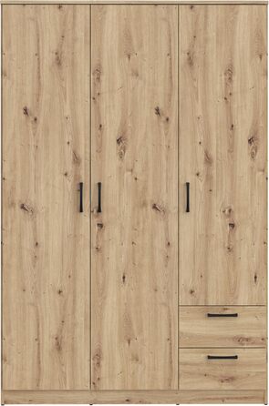 Шафа 122, Шафа в скандинавському стилі з 3 дверима та 2 шухлядами, інженерна деревина, оздоблення Artisan Oak, ширина 122 см, висота 185 см, глибина 52,7 см. Шафа Artisan Oak, 3 двері з 2 шухлядами