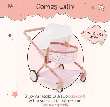 Коляска для ляльок-близнюків для ляльок 36 см - Коляска для ляльок зі складним дахом - рожева із золотими зірками - Аксесуари для