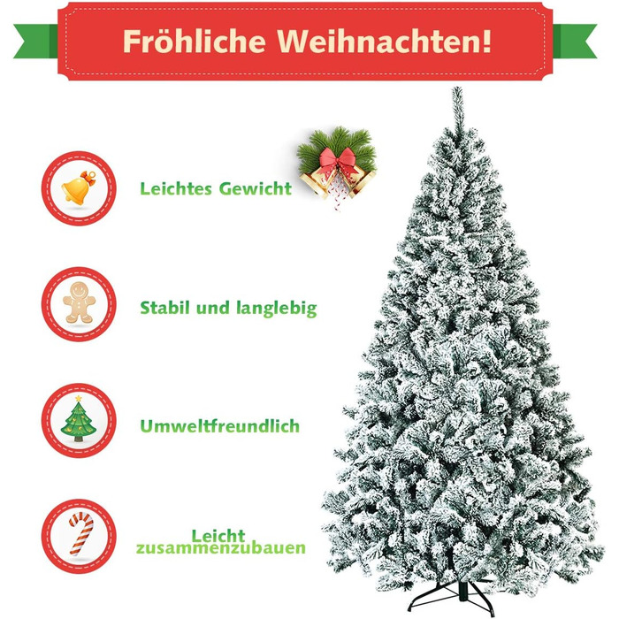 Штучна ялинка COSTWAY 180/225 см зі снігом, ялинка з металевою підставкою, ПВХ голки, складна штучна ялинка, ідеально підходить для дому, офісу, магазинів та готелів (225 см) 225 см