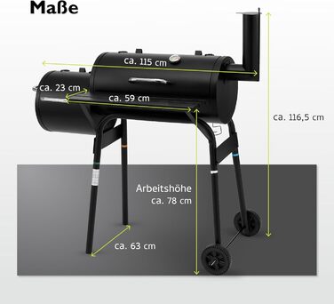Гриль-коптильня Tepro BBQ Smoker Wichita, 2 камери для приготування, з колесами та термометром у кришці, чорний, розміри прибл. 112 x 63 x 116,5 см