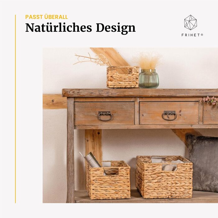 Прямокутний кошик для зберігання FRIHET, плетений з водяного гіацинта Коробка для зберігання з ручками Невеликий кошик для білизни, органайзер для гардеробу та багато іншого Різні розміри (, розмір 3) Розмір 3