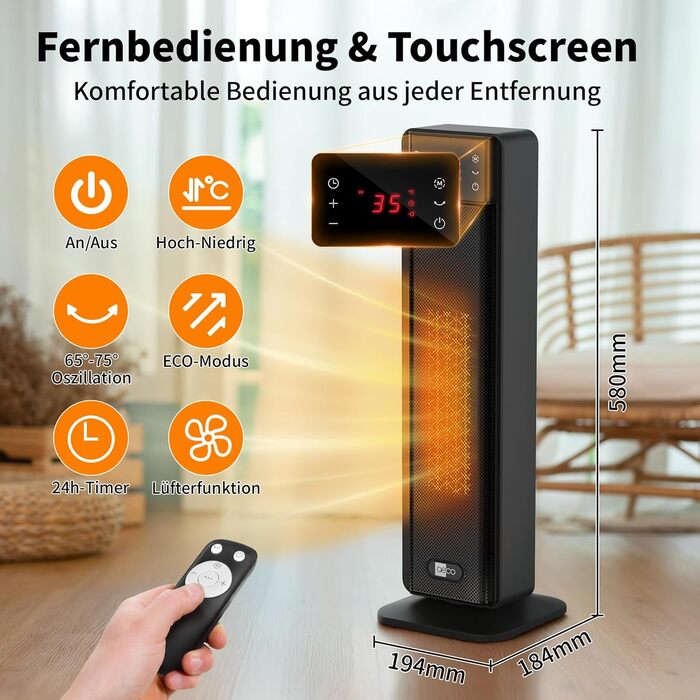 Енергозберігаючий вентилятор-обігрівач aeco EcoHeat Boost 58 см з пультом дистанційного керування, світлодіодний еко-режим 2000 Вт, 24-годинний таймер, 4 режими, тиха робота, керамічний термостат, коливання 75, захист від перегріву та перекидання, радіаці