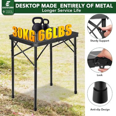 Складаний кемпінговий стіл 60x40 см, 3-рівневе регулювання висоти (25/47/69 см), міцний металевий каркас, складається як валіза для перенесення, ідеально підходить для кемпінгу, пікніків, пляжу та балкону (повністю чорний)