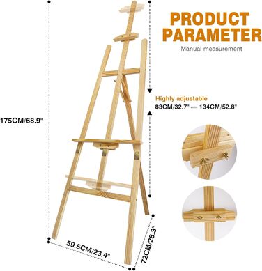 Мольберт для художника, дерев'яний мольберт з А-подібною рамою, студійний мольберт, 1,5 м, регульований тримач для вивісок, підставка для полотна, портативний мольберт, художня підставка для живопису, ескізу, весілля, виставки (1,75 м/69 дюймів)