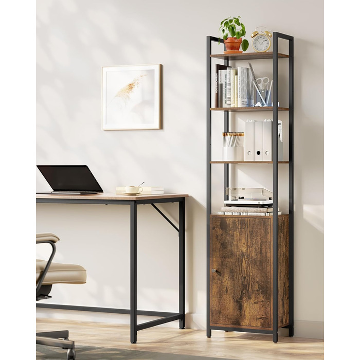 Книжкова полиця VASAGLE, 6 ярусів, полиця, окремостояча полиця з дверцятами, металевий каркас, регульовані полиці, 24 x 40 x 159,5 см, для вітальні, спальні, вінтажний коричневий-чорний LLS132K01 40B см Вінтажний коричневий чорнильний