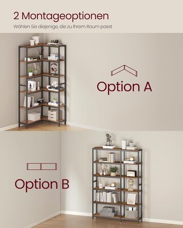 Ярусна книжкова полиця VASAGLE, кутова полиця, полиця для зберігання, 24 x 102 x 175,2 см, сучасна, для вітальні, спальні, офісу, вінтажний коричнево-чорний колір LLS606K01, 6-