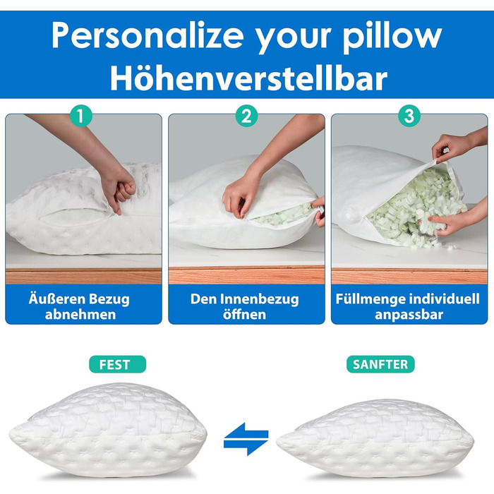 Охолоджувальна подушка для сну на боці SKYNY для підтримки шиї та плечей подушка з подрібненого пінного матеріалу з ефектом пам&39яті, ортопедична подушка для сну з регульованою висотою та чохлом, який можна прати, 5072 см