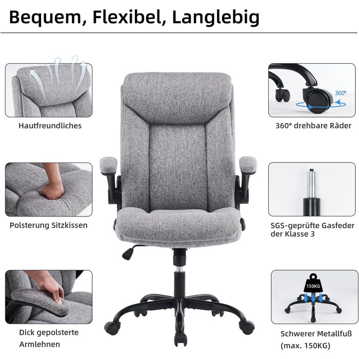 Ергономічне офісне крісло, комп&39ютерне крісло, стілець для роботи, обертове робоче крісло з відкидними підлокітниками, регульоване по висоті, зручне для офісу, дому, ігор (сіра тканина)