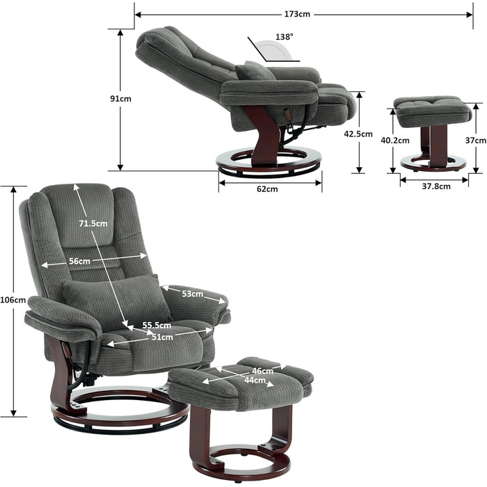 Крісло-реклайнер M MCombo з функцією відкидання, крісло для читання, обертове на 360 крісло для телевізора, з підставкою для ніг, подушкою та бічною кишенею, вантажопідйомність до 120 кг, крісло для телевізора для вітальні, 9099 (сіра тканина) сіра тканин