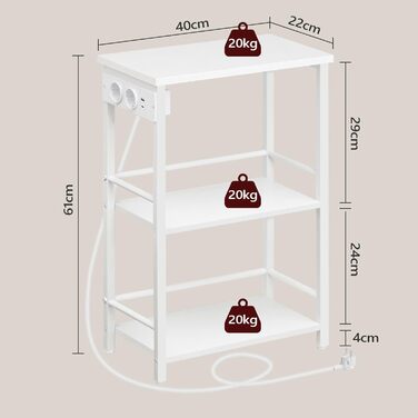 Вузький приставний столик, 3 полиці, тумбочка біля ліжка, журнальний столик із зарядною станцією, столик до дивана, столик до вітальні з місцем для зберігання, для невеликих приміщень, вітальня, спальня, білий AETWT29UE01