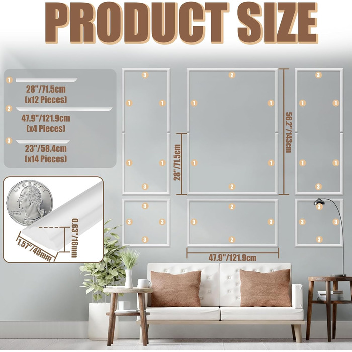 Комплект для настінного молдингу AKOZLIN, що знімається та наклеюється, попередньо нарізані панелі для обшивки стін, легко встановлюються, самоклеючі акцентні оздоблення, декор стін для офісу, дому, спальні, вітальні, 3 комплекти - 3 верхні, 3 нижні, 143 