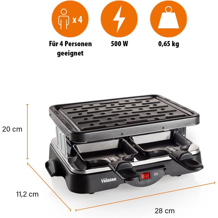 Гриль раклет Tristar до 4 осіб, 4 сковороди, 500 Вт, RA-2949