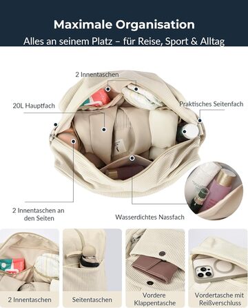 Вельветова дорожня сумка Micmores, жіноча спортивна сумка 20 л, сумка для підгузків на вихідні, ручна поклажа Ryanair 40x20x25, сумка для спортзалу, сумка для пологів з мокрим ПВХ-мішком для фітнесу (чорна)