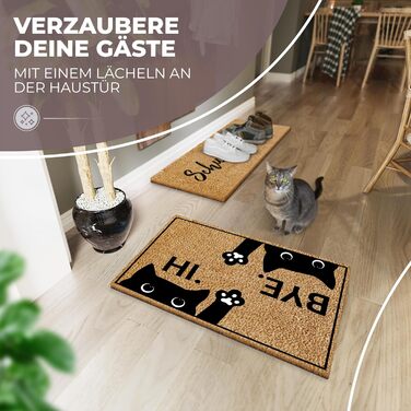 Килимок для котячих дверей з кокосу 60x40 см Привіт і побачення, кіт Надзвичайно міцний та нековзний кокосовий килимок для приміщень та критих відкритіших майданчиків Веселий килимок для дверей з котячим мотивом Ідеально підходить як пилозбірник 01 Привіт