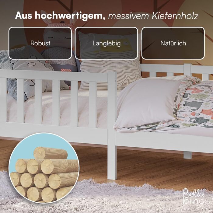 Дитяче ліжко Bellabino Vere 90x200 см Ліжко Монтессорі із захистом від падіння та рейковою основою Дитяче ліжко з масиву сосни для хлопчиків та дівчаток Ліжко для малюків білого кольору 90x200 см без шухляд та матраца