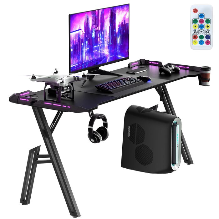Ігровий стіл зі світлодіодним підсвічуванням, 160 x 60 см, поверхня з карбонового волокна ПК, включає підставку для склянок та гачок для навушників, легке складання, висота 73 см, чорний