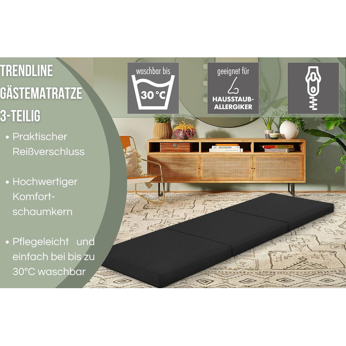 Гостьовий матрац Badenia Trendline, 3-секційний розкладний матрац із міцним чохлом з мікрофібри, сертифікований Oeko-Tex, виготовлений за німецькими стандартами якості, 190 x 60 см, чорний