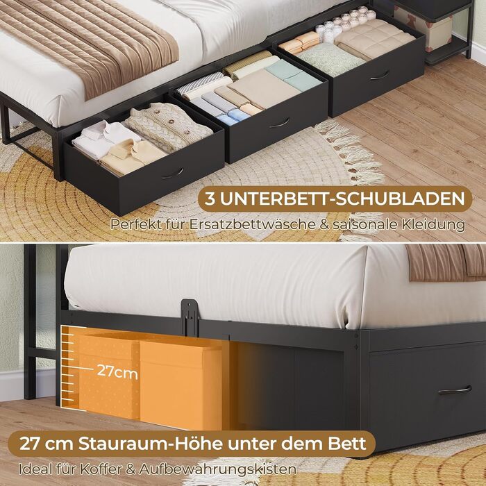 Дитяче ліжко DICTAC 90x200 см з 6 шухлядами, світлодіодним освітленням та зарядною станцією Багатофункціональний диван-ліжко з вбудованою тумбочкою та прихованим місцем для зберігання в узголів&39ї (чорний) 90x200 см