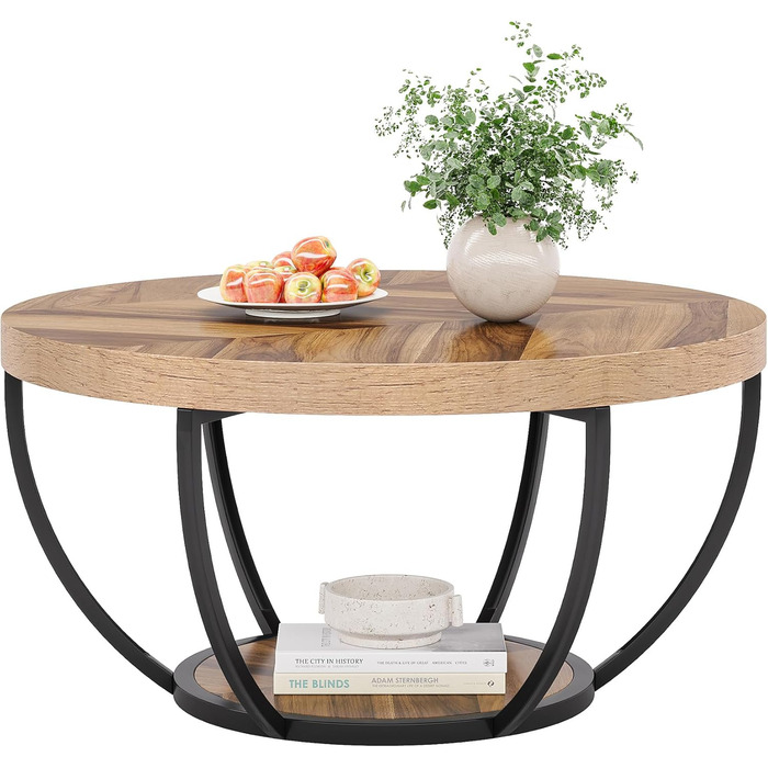 Круглий журнальний столик Tribesigns, промисловий 2-рівневий круглий журнальний столик з полицями для зберігання, сучасний дерев&39яний акцентний центральний столик, диван, бічний столик для вітальні, домашній офіс з деревним рисунком