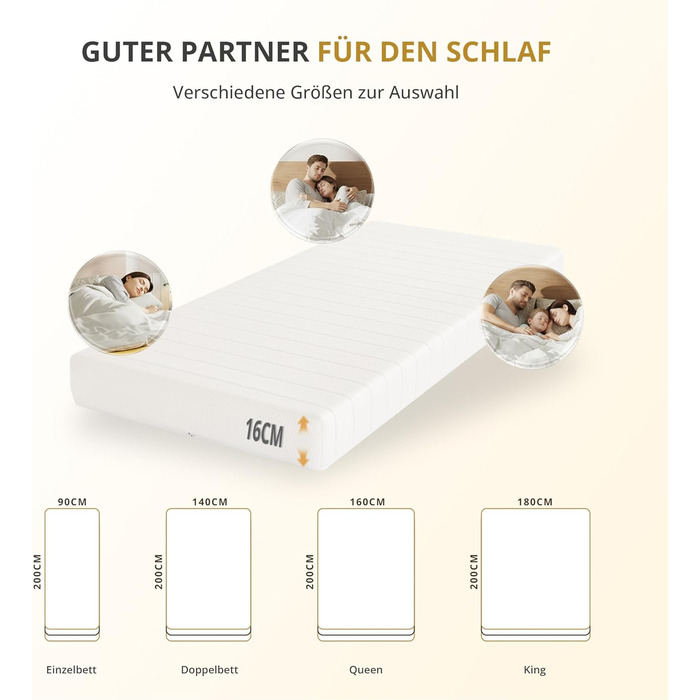 Матрац 90x200 середньої жорсткості 16 см - Ергономічний 7-зонний високоякісний матрац з холодної піни з чохлом, що прається, дихаючий матрац з піни, що згортається, сертифікований стандарт Oeko-Tex 100 16 см 90 x 200 см
