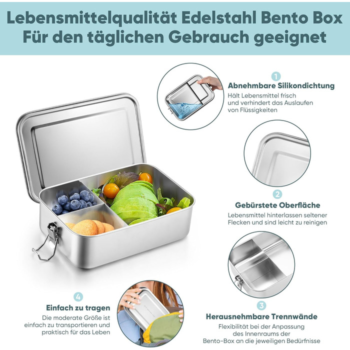 Ланчбокс Joyfair з нержавіючої сталі, бенто-бокс з 3 відділеннями, герметичний контейнер для їжі для дорослих та дітей, металева коробка для сніданку/обіду для школи, пікніка та подорожей, можна мити в посудомийній машині 850 мл