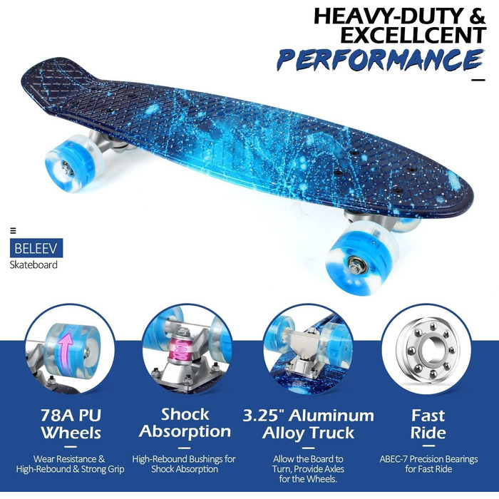 Скейтборд для дітей, підлітків та дорослих BELEEV Mini Cruiser Skateboard 22 Inch – Galaxy Blue, світлодіодні колеса з підсвічуванням