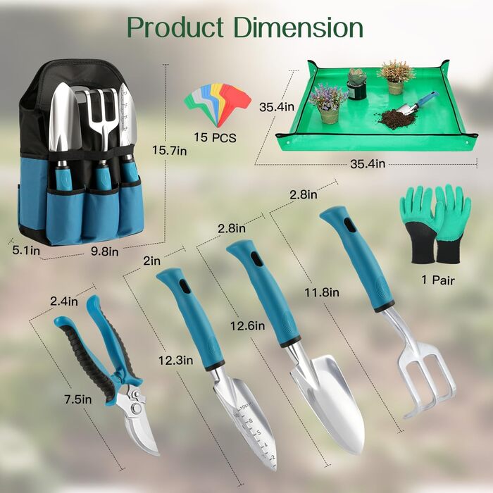 Набір садового інструменту Housolution, 8 предметів, міцний алюмінієвий сплав, з сумкою для зберігання з гумовим покриттям, ідеальний подарунок для садівників, синьо-чорний